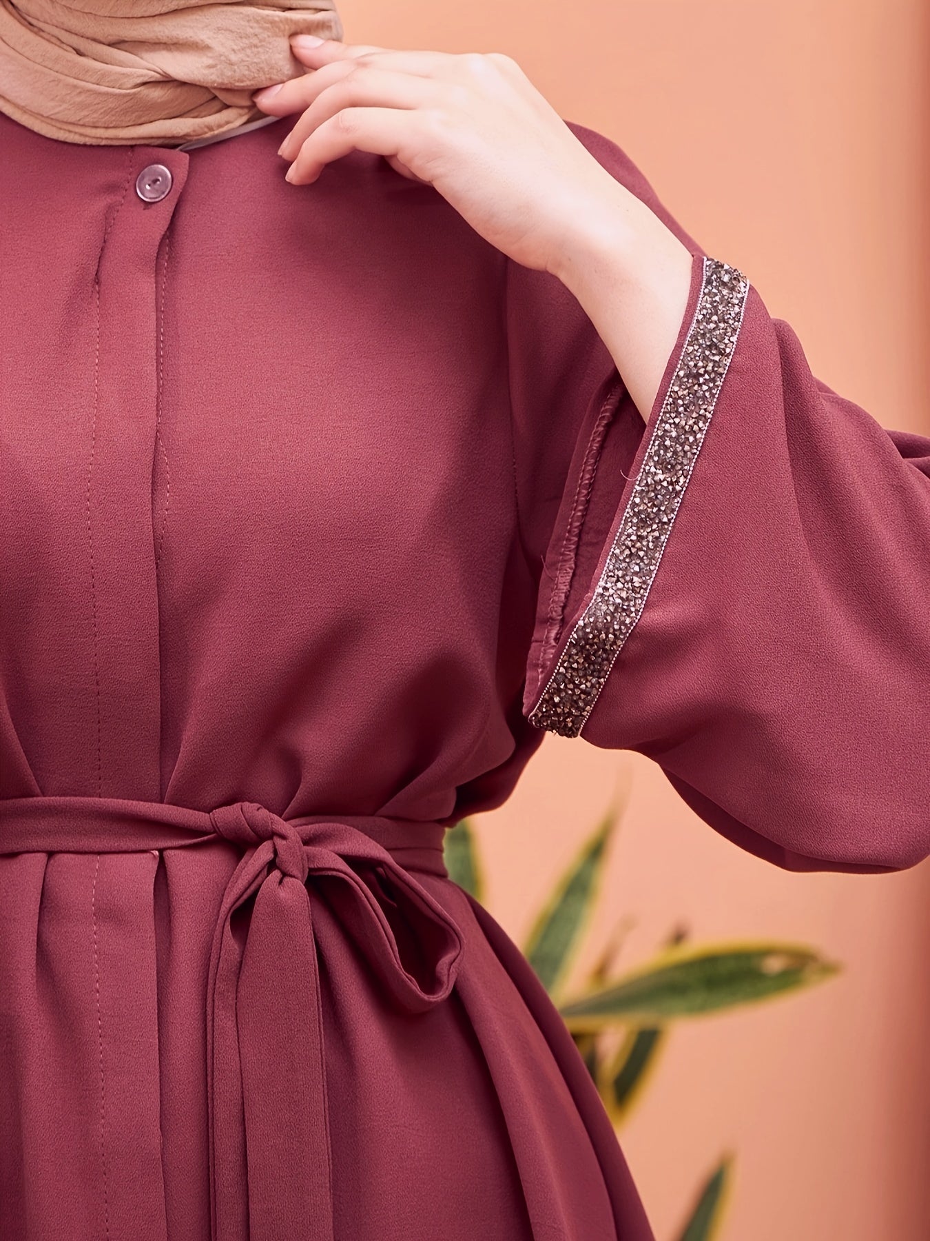 Top midi de mujer con pedrería, manga larga, de poliéster sólido, con cinturón, estilo del Medio Oriente