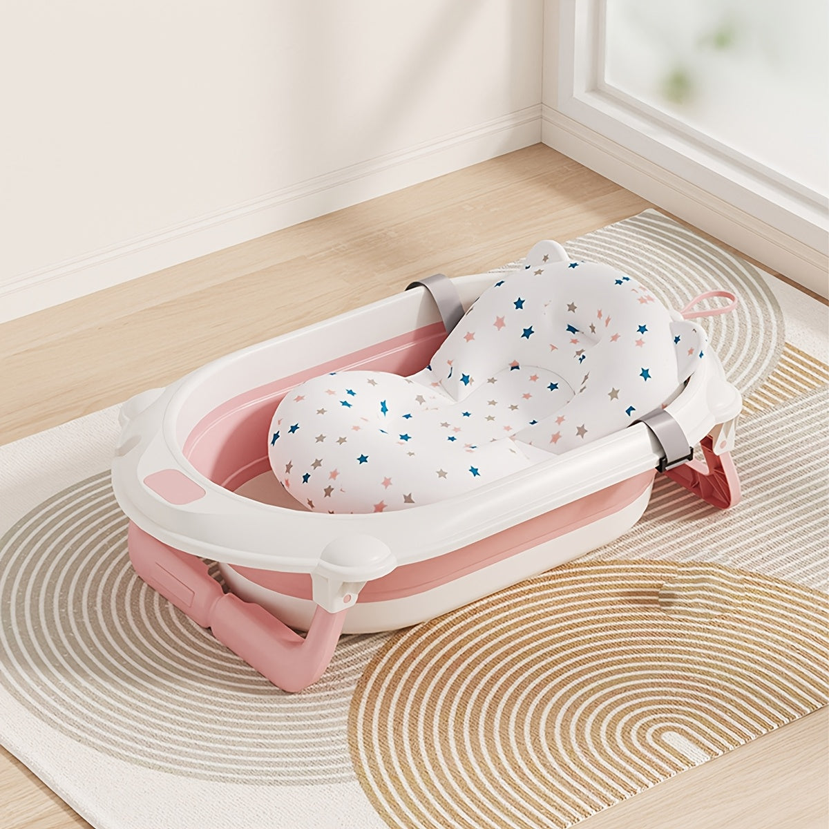 Portable Infant Bathtub with Breathable Cushion and Dual-Function Wash Basin Toddler Bath Seat