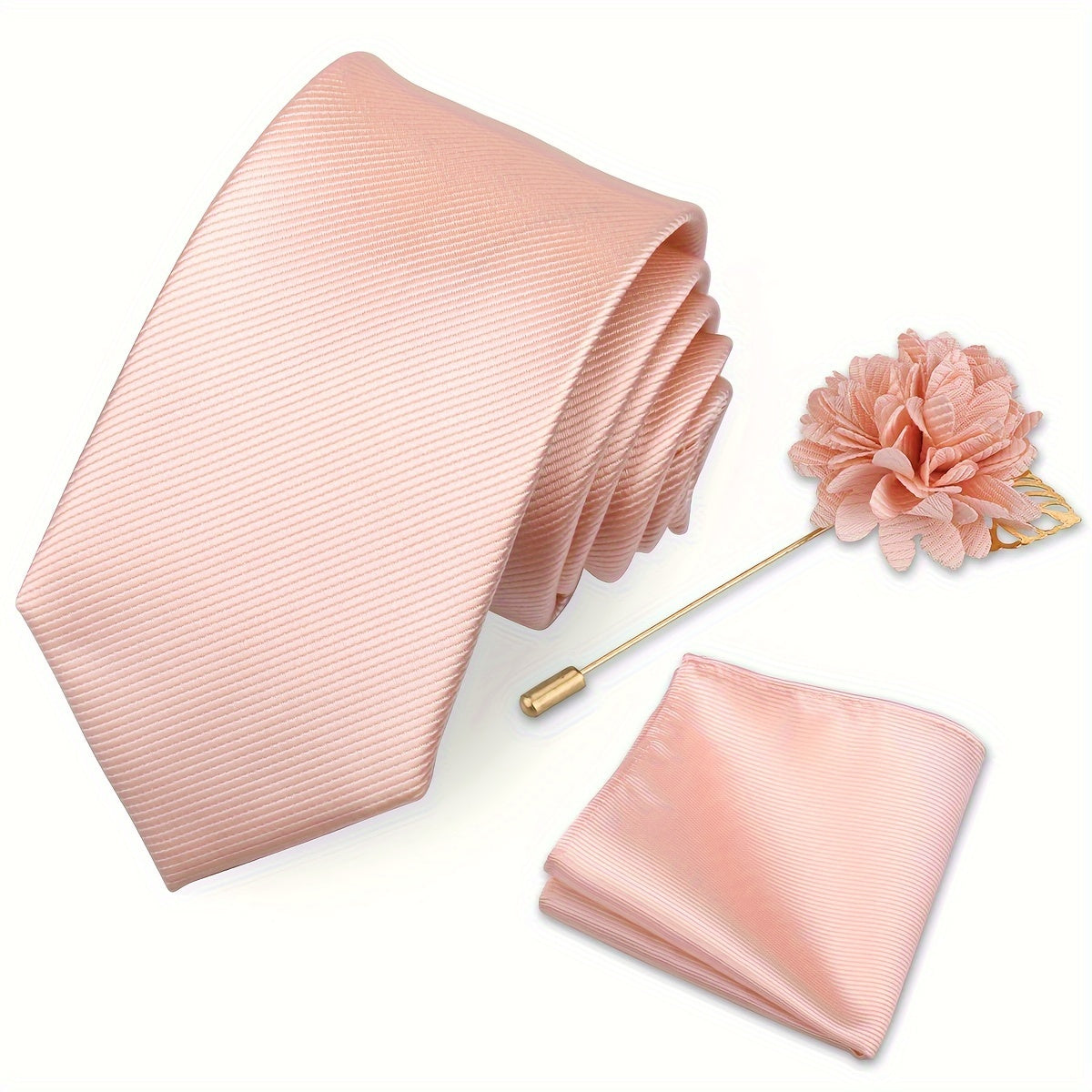 Men's Tie Set with Pocket Towel and Brooch, Classic Striped Plain Design