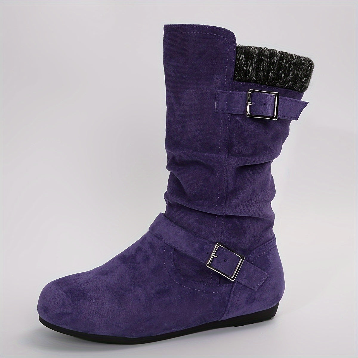 Women's Purple Slouchy Boots with Metal Buckles Flat Heel Casual Wear