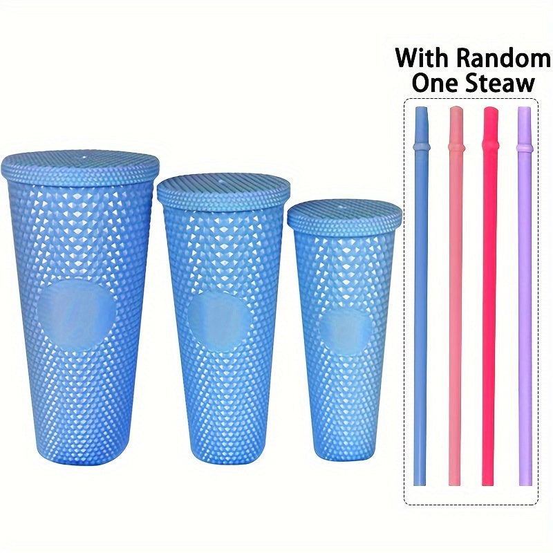3 бутылки для воды с соломкой Durian Texture, многоразовые - двойной слой пластика, без BPA, пастельный розовый и голубой, 450 мл/700 мл/1100 мл для путешествий, фитнеса, кемпинга и повседневного использования