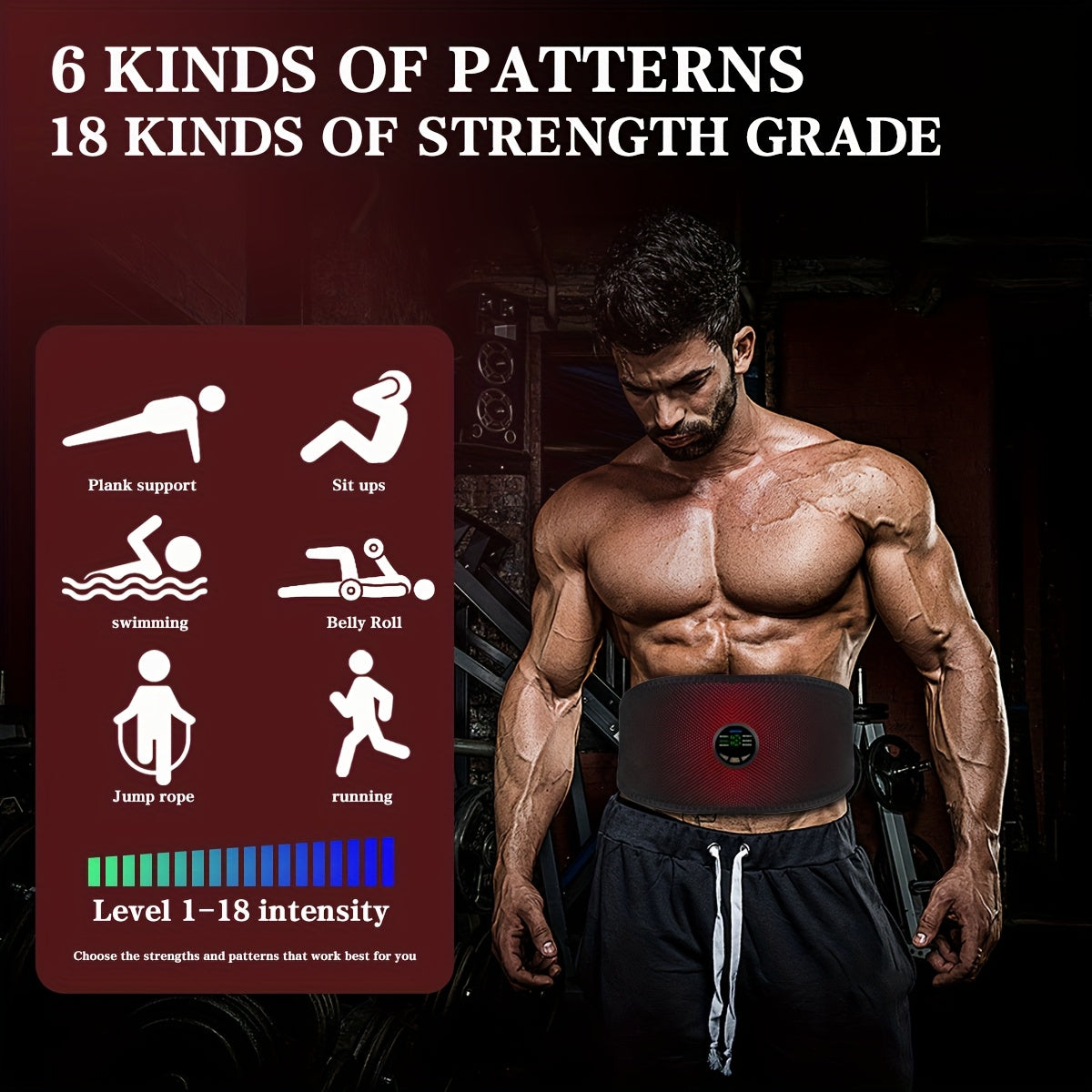 EMS va TENS massaj qiluvchi, qayta zaryadlanadigan USB kamar bilan, 6 rejim va 18 intensivlikka ega, erkaklar va ayollar uchun uyda butun tana mushaklarini mashq qilish uchun mos.