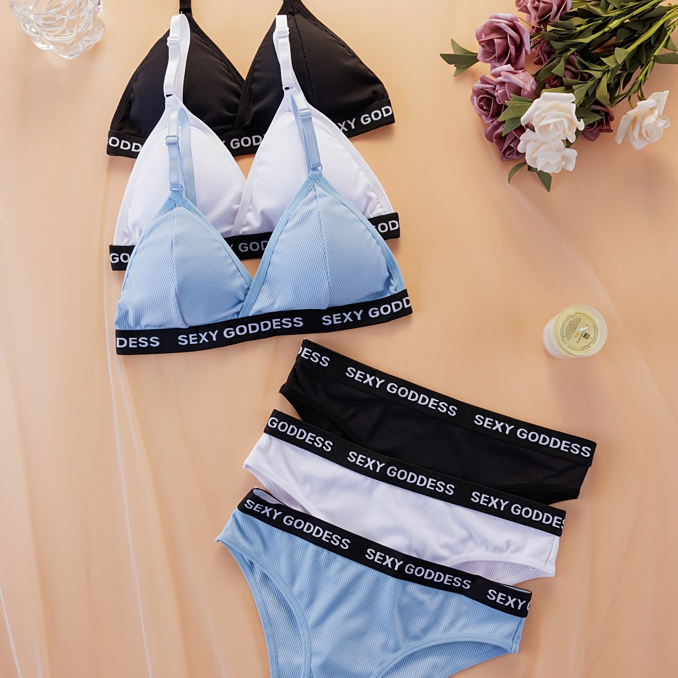 Women's Lingerie 3-Piece Letter Print Bra and Panty Set with Removable Pads