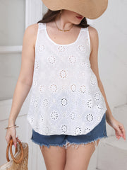 Women's Black Embroidered Sleeveless Tank Top with White Eyelet Cutouts