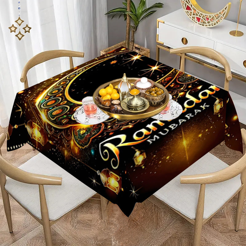 Elegant Ramadan Mubarak Square Polyester Tablecloth with Ethnic Moon Print for Eid Celebrations and Home Decor