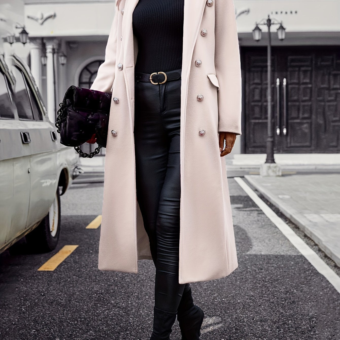Women's Polyester Double-Breasted Coat with Lapel Long Sleeve Pockets Autumn Winter