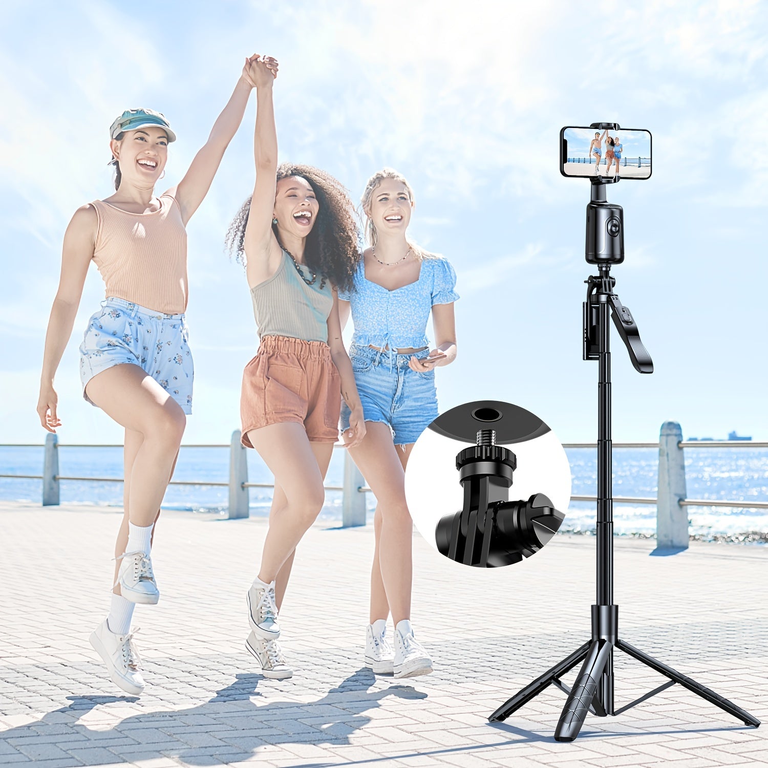 Self-Tracking Phone Tripod with 360° Rotation No App Needed Rechargeable Battery Black