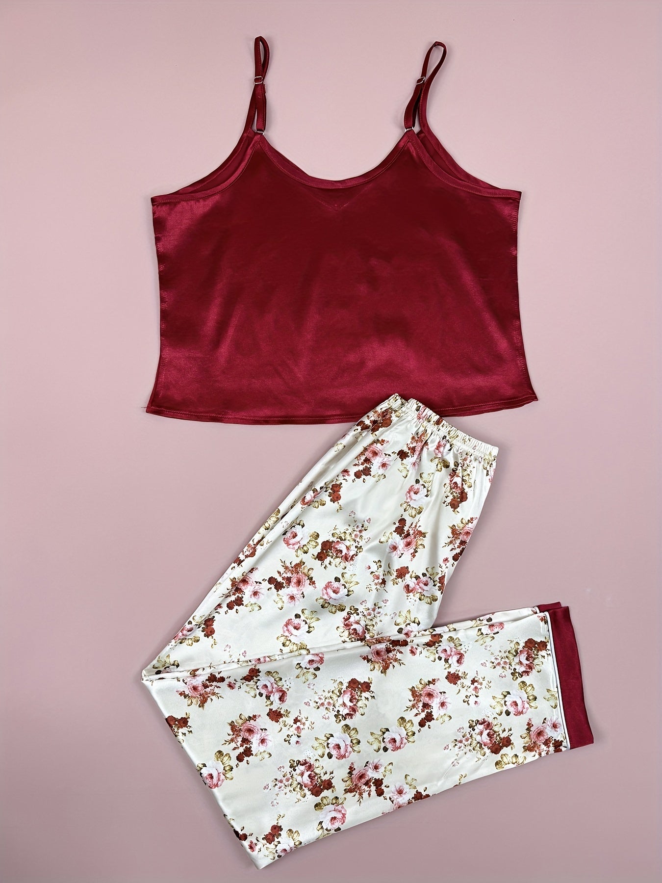 Women's Satin Floral Pajama Set with V-Neck Cami Top and Elastic Pants