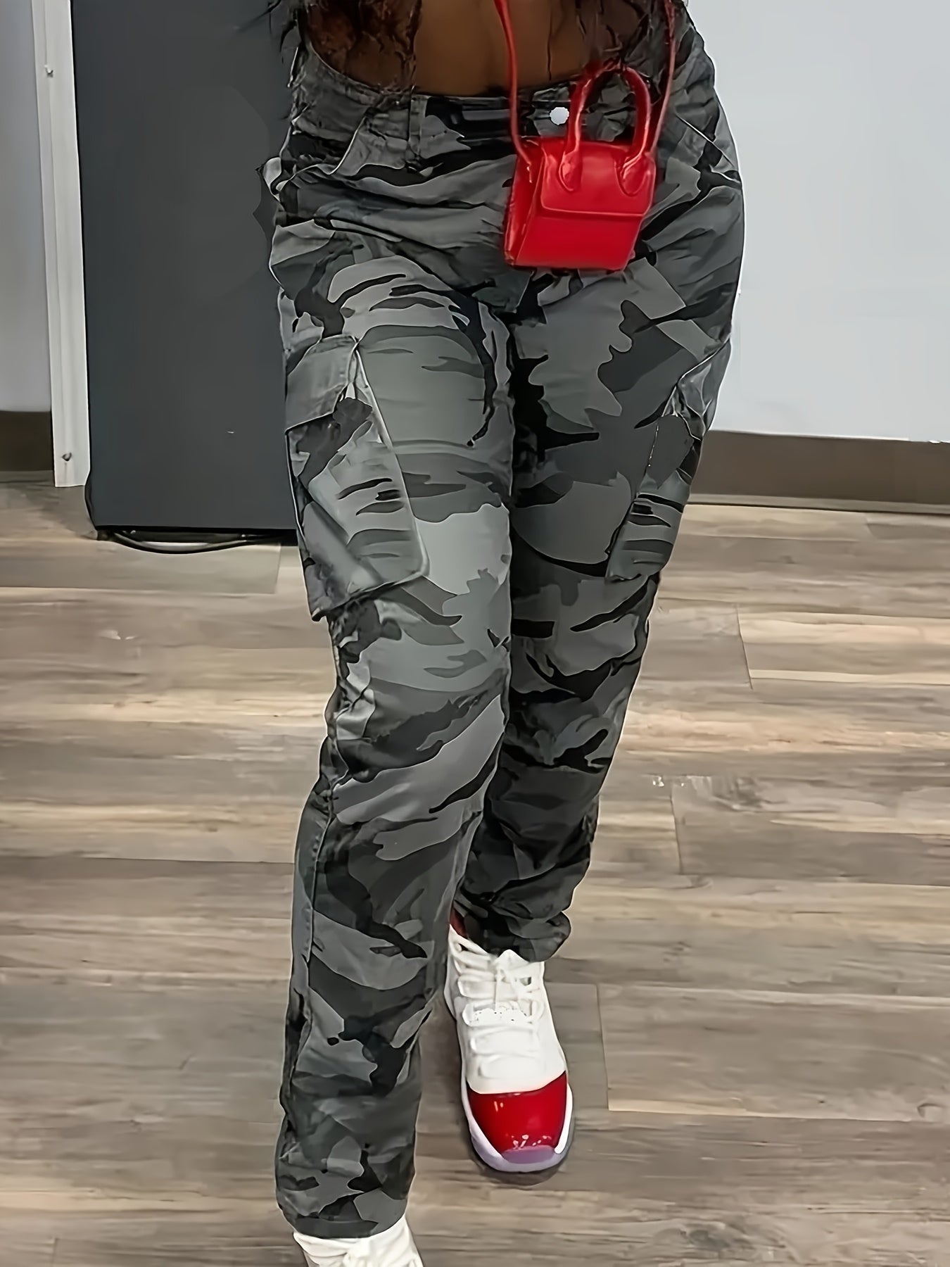 Women's Plus Size Camo Cargo Pants Rayon Blend Straight Fit Multi-Pocket