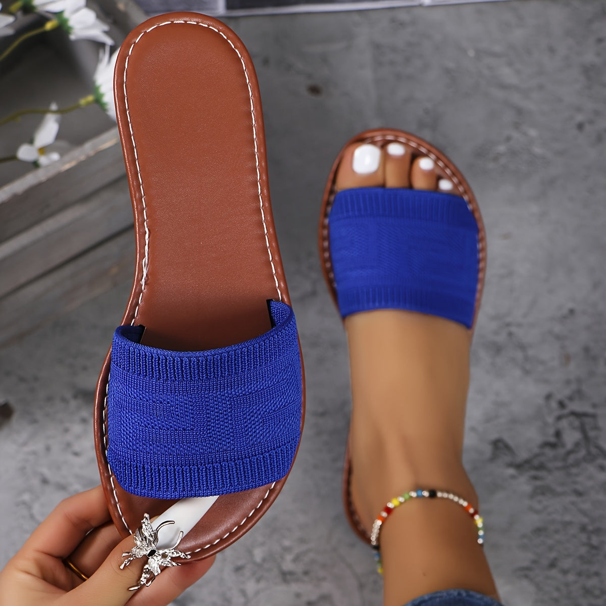 Women Plus Size Summer Knit Slide Sandals Open Toe Flat Heel Green