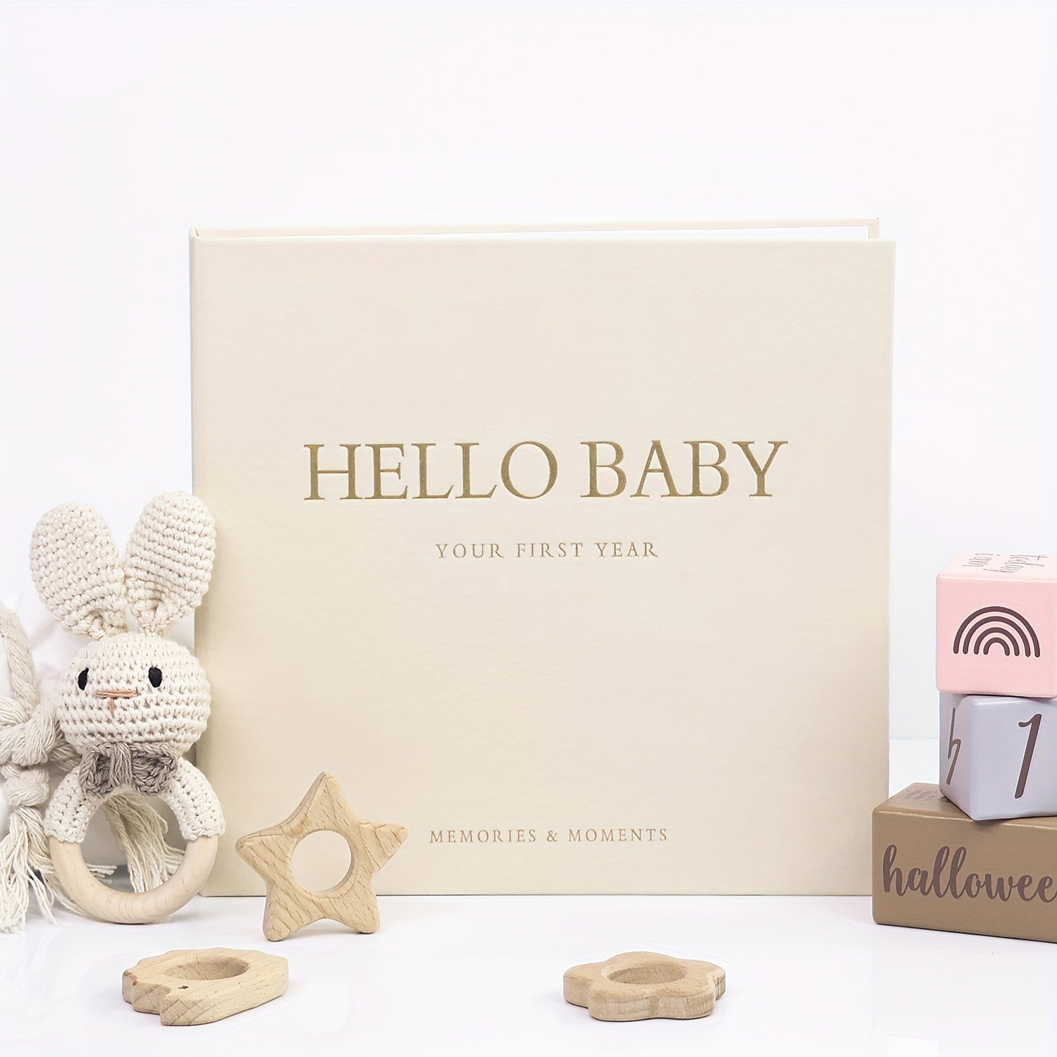 Linen Baby Memory Book Spiral Bound with Milestone Stickers and 86 Pages