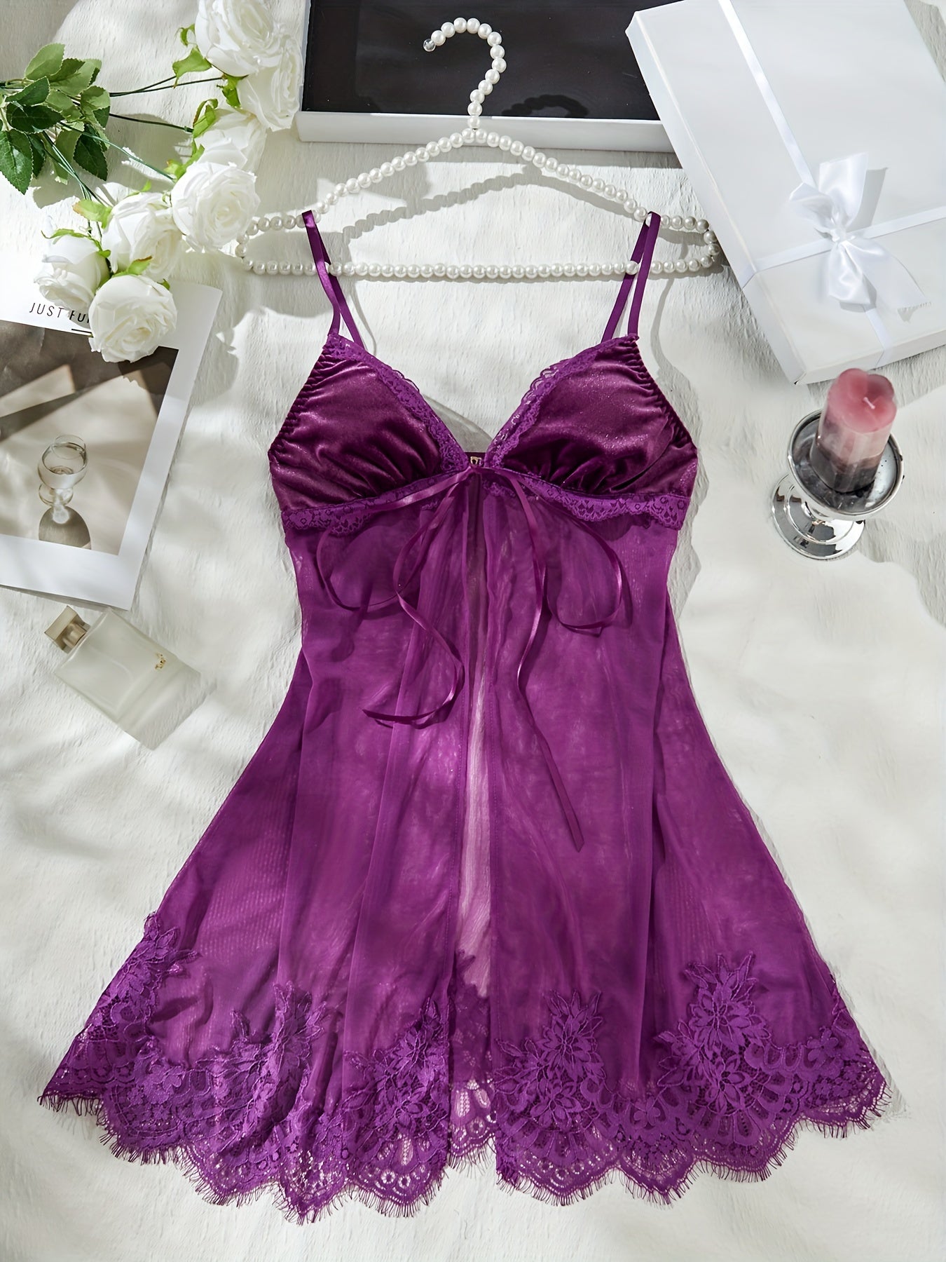 Polyester Babydoll Lingerie with Mesh, Lace Trim and Tie Closure