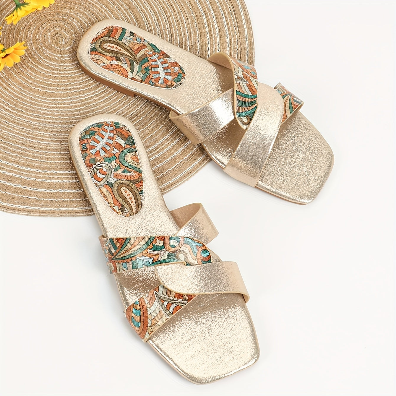 Women's Paisley Pattern Flat Slides with Square Toe Casual Outdoor Beach Sandals