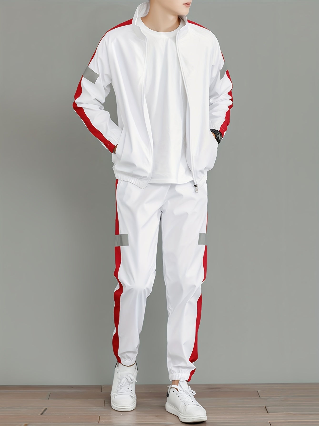 Мужской костюм Весна Осень Повседневный Спортивный Пэчворк Полиестер Длинный рукав Воротник Тканый Регулярный