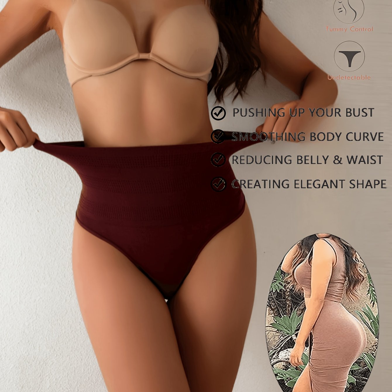 High Waist Shaping Thong for Women Tummy Control Buttocks Lift Solid Color Polyamide Spandex