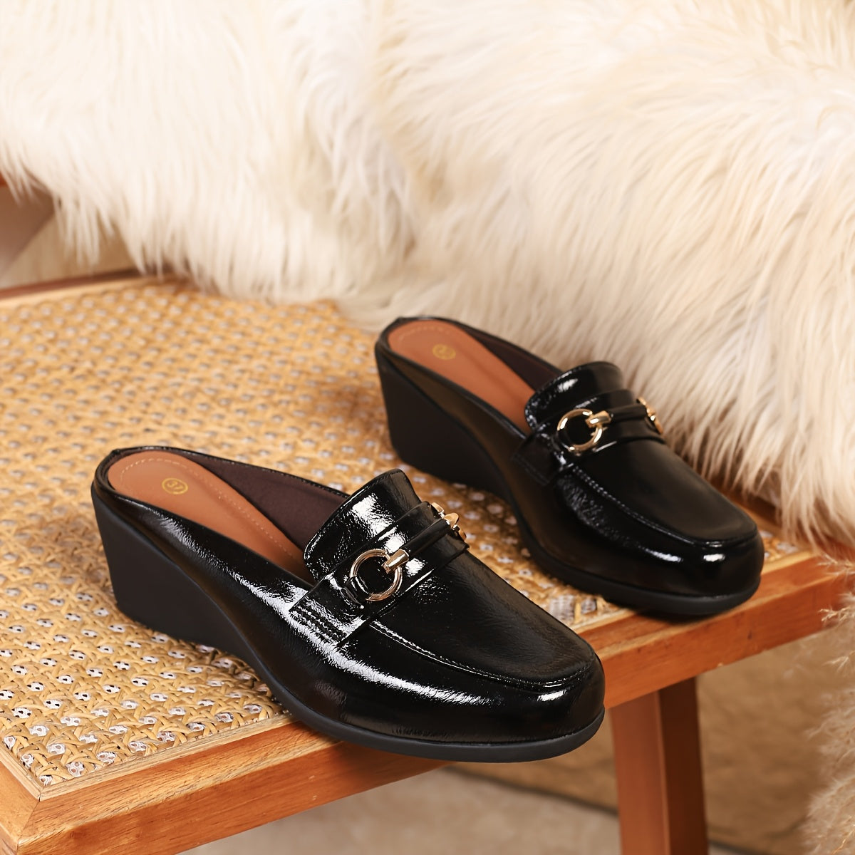 Women's Slip-On Thick Platform Heels Black Synthetic Cushioned All-Season Footwear