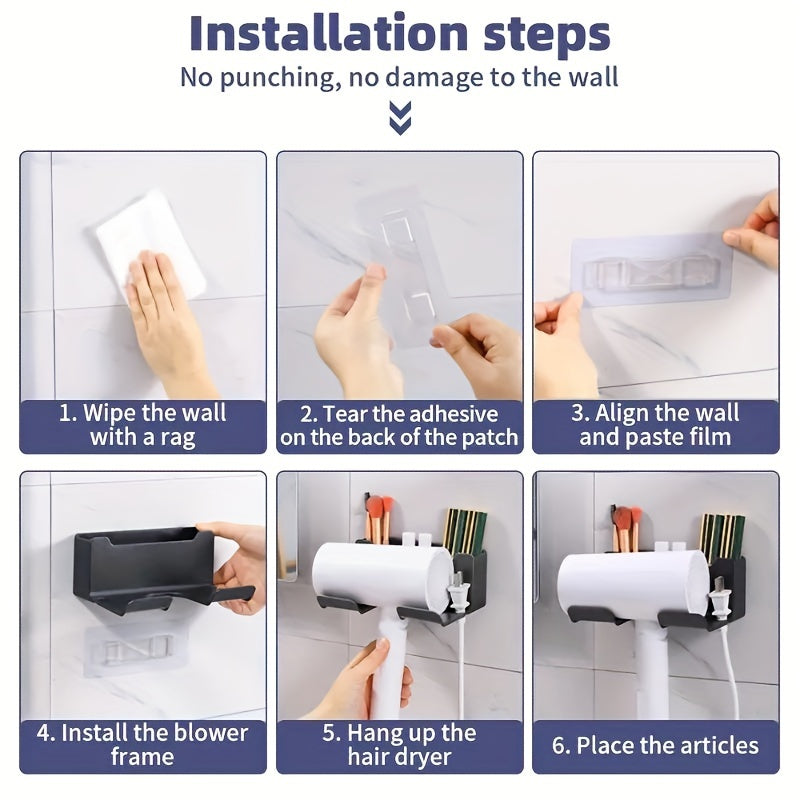 Wall-Mounted Hair Dryer Holder Metal Plastic Space-Saving Bathroom Organizer 16.5x7x12.5cm