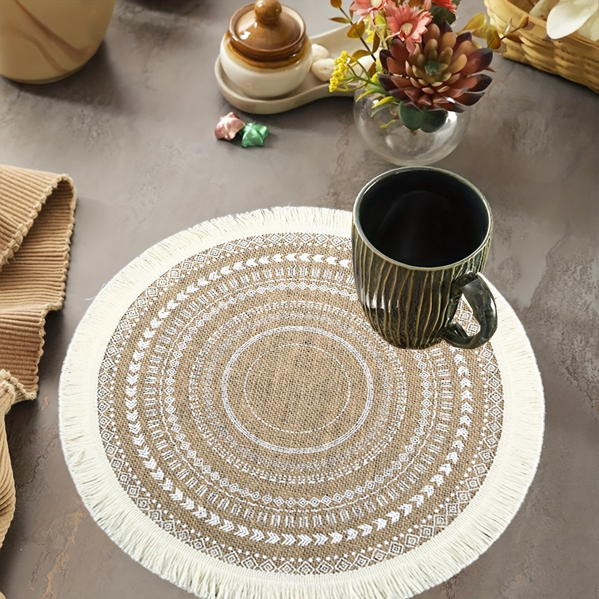 Jute Boho-Chic Round Placemats Set of 4 or 6 Heat Resistant Non-Slip