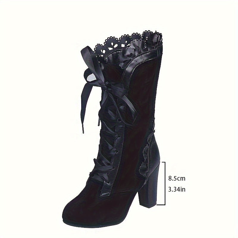 Women's Leather Lace-Up Chunky Heel Mid-Calf Boots Black Size 8