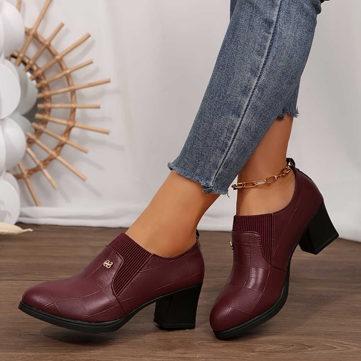 Women's Pointed Toe Pumps Solid Color High Heel Block Shoes Fabric Inner