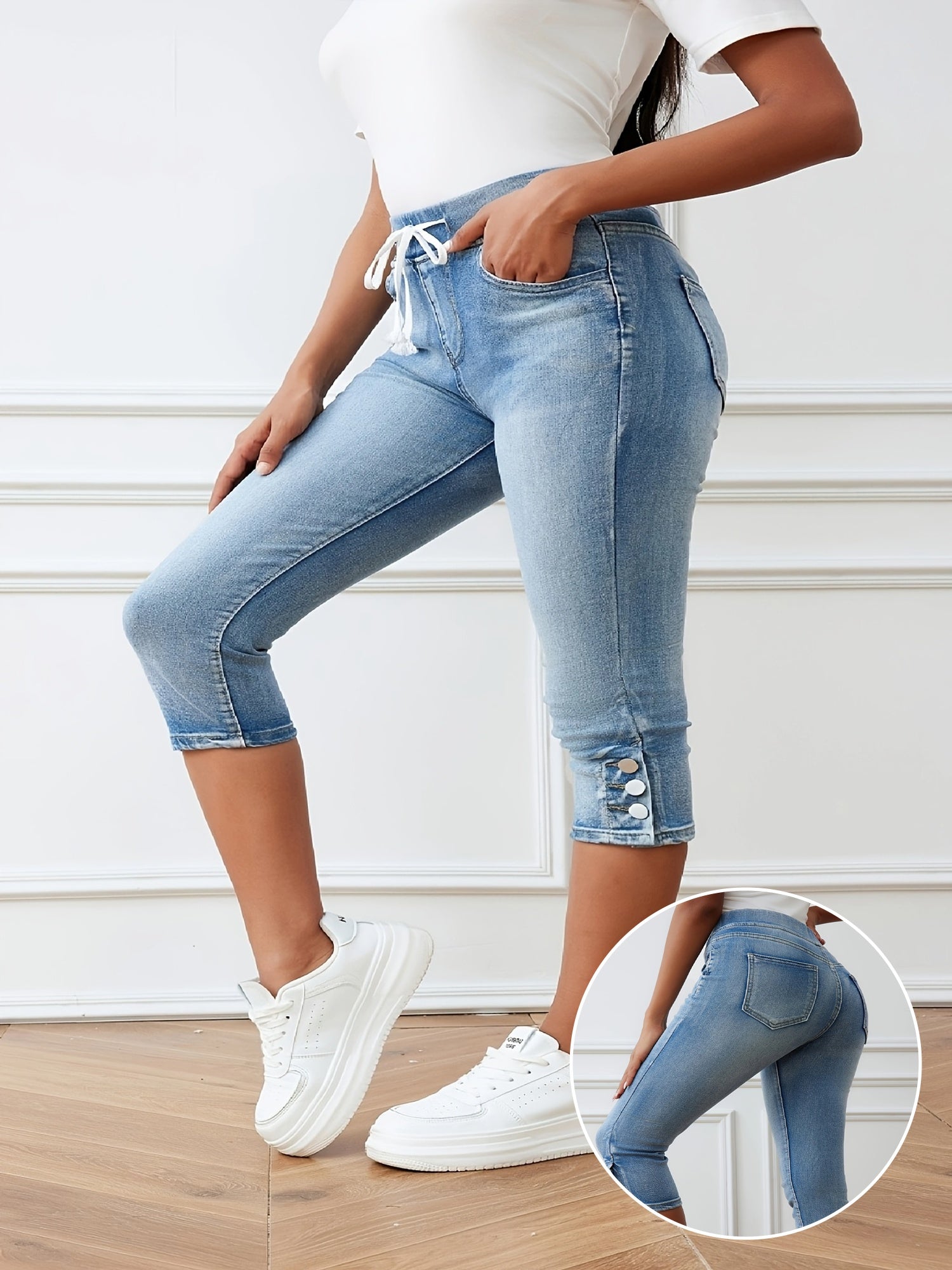 Women Plus Size High Stretch Denim Capris Waistband Split Casual Street Style