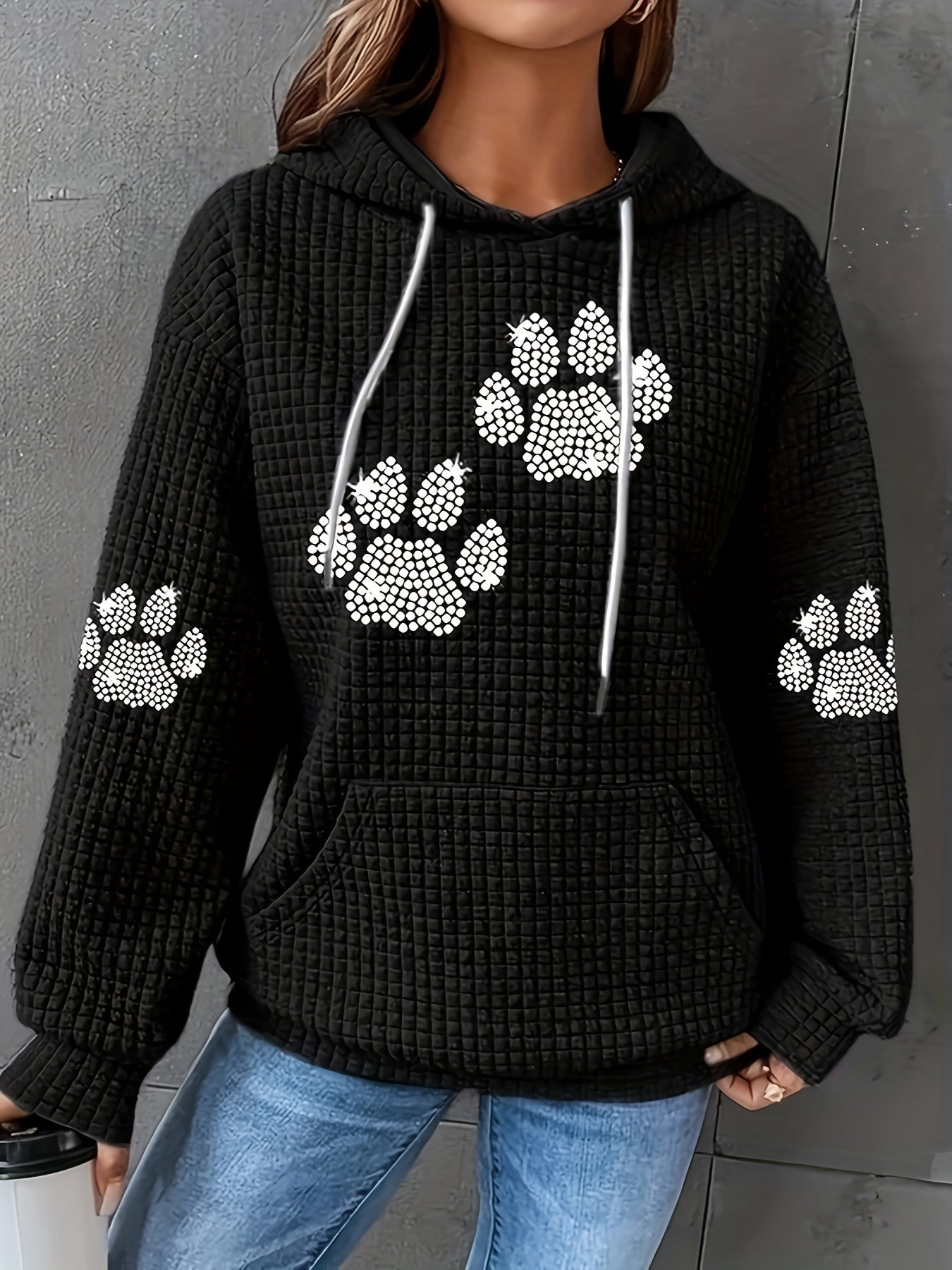 Plus Size Womens Hooded Sweatshirt with Rhinestone Paw Print Pullover