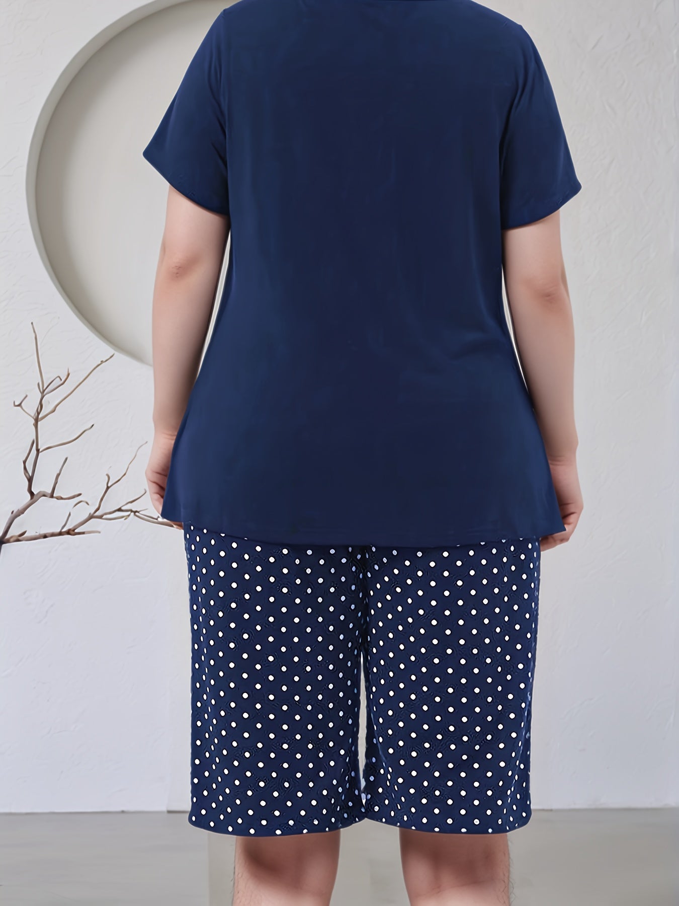 Женский летний пижамный комплект больших размеров с котами, топ с коротким рукавом и шорты, синий и белый, полиэстер