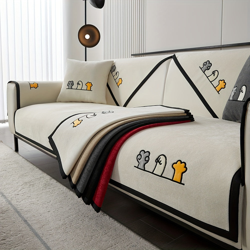 Красный чехол для дивана из шенилла с игривой вышивкой в виде косточек. Удобен для домашних животных, не скользит, можно стирать в машине, идеально подходит для диванов на 1-4 места в гостиной, спальне, офисе.