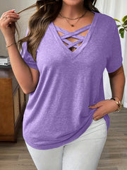 Plus Size Casual Cotton V-Neck T-Shirt for Summer Short Sleeves