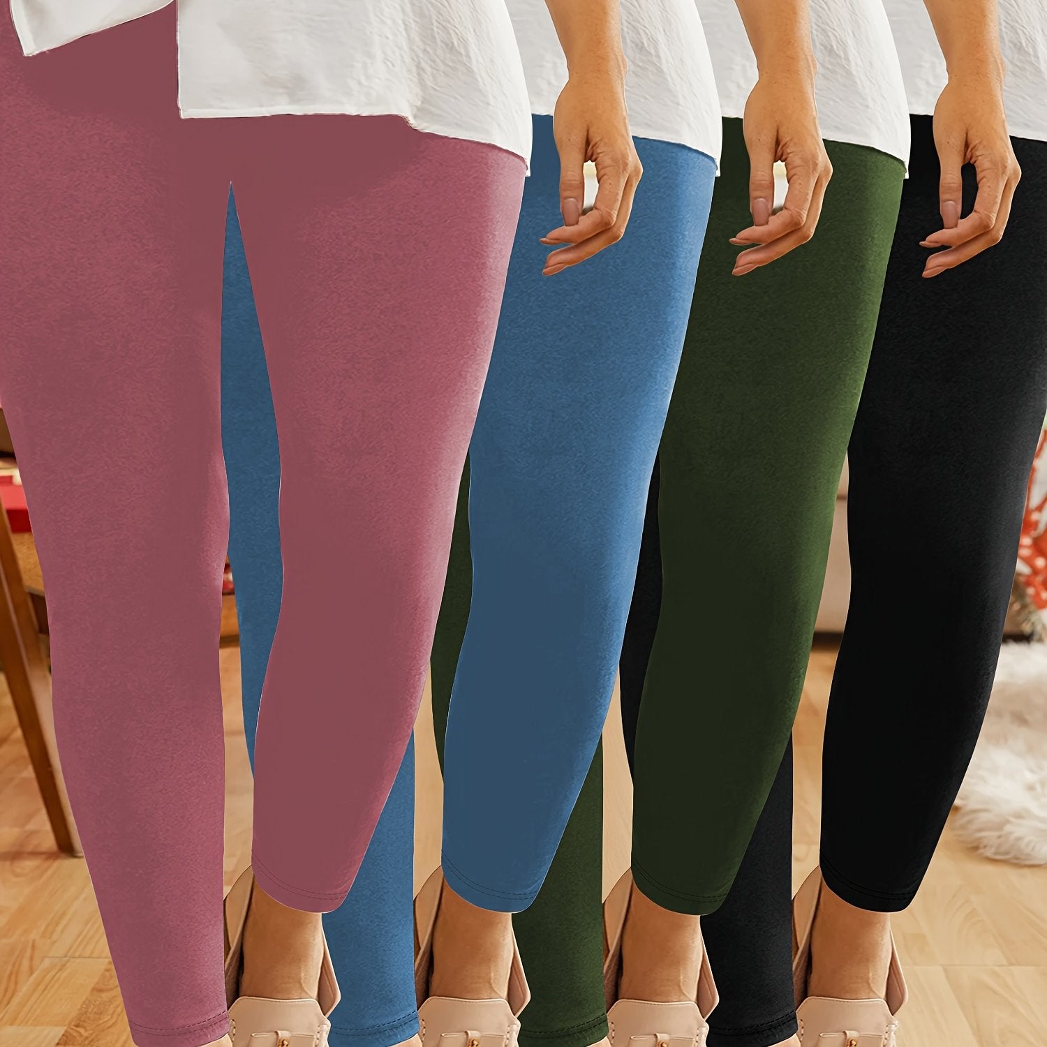 Plus Size Stretchy Capri Leggings High Waist Solid Colors Polyester Elastane