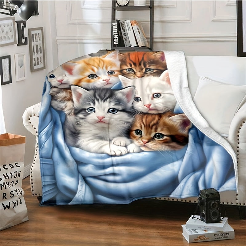 Cute Cat Flannel Blanket Lightweight Throw for Sofa Bed Travel Camping Living Room Office