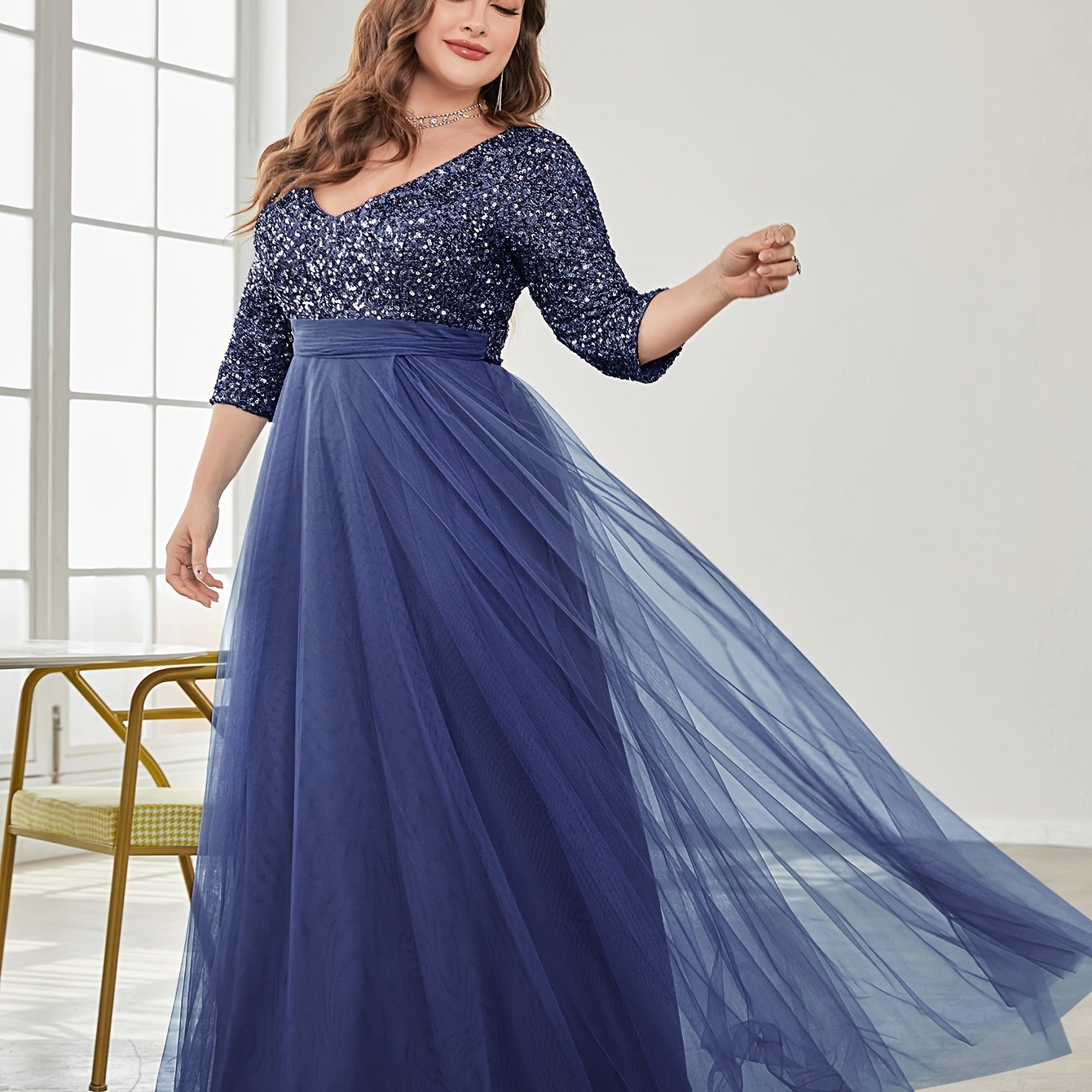 Vestido largo de novia y dama de honor con lentejuelas de talla grande, falda de tul