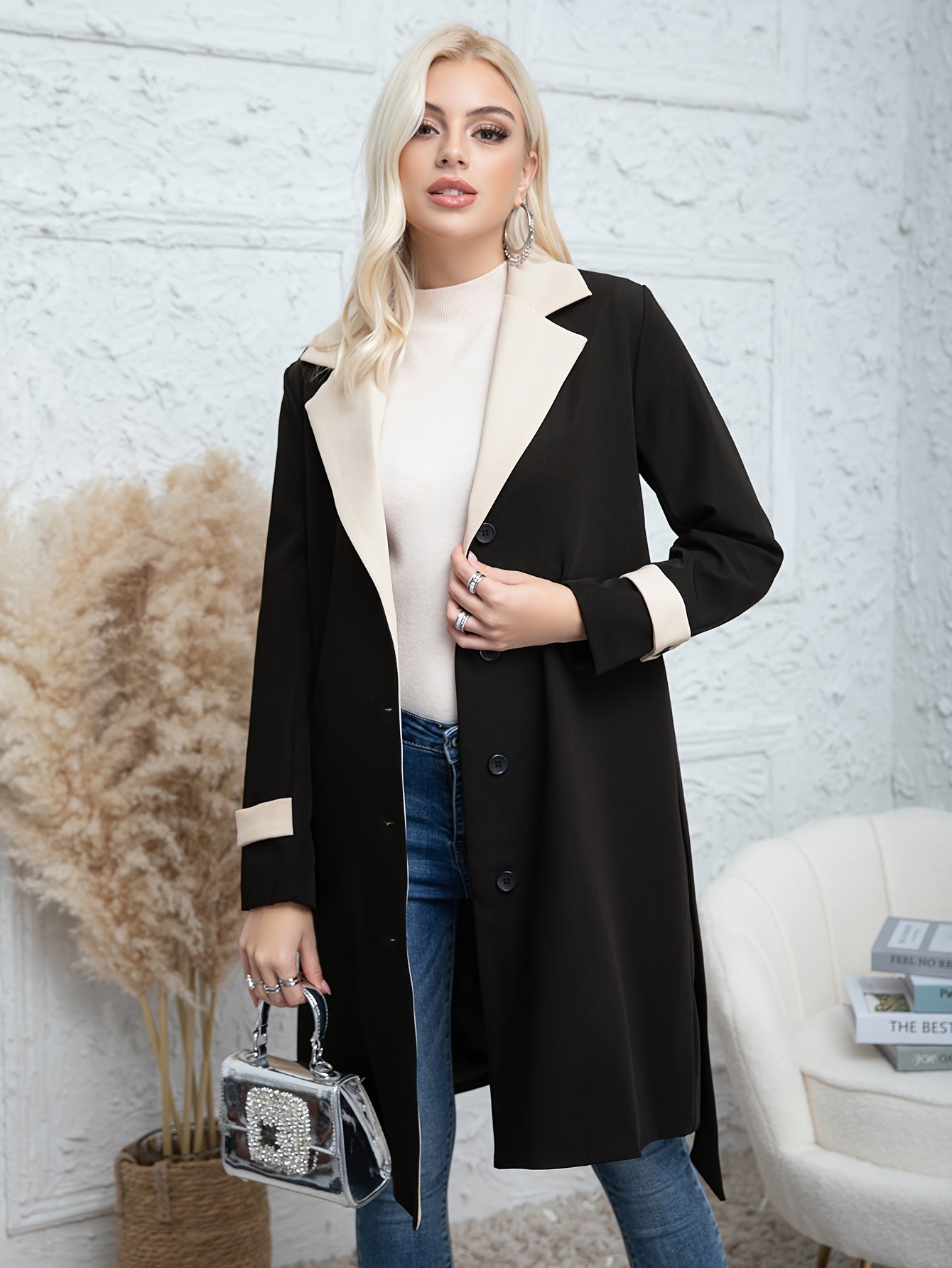 Women's Long Coat Autumn Winter Contrast Color Solid Pattern Woven Polyester Outerwear