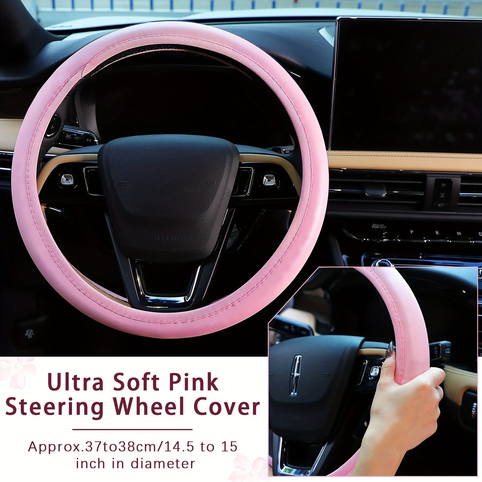 Conjunto de fundas de volante de cuero rosa para mujeres con fundas para cinturón de seguridad y bling