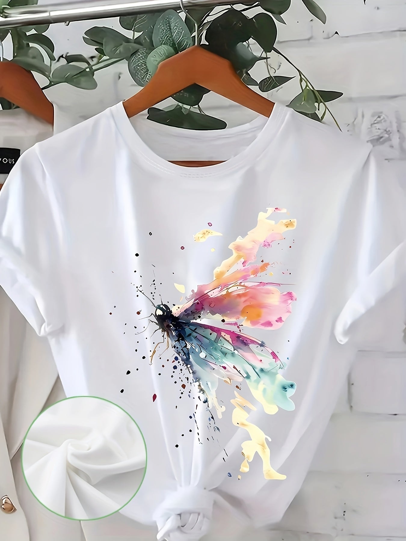 Plus Size Butterfly Print T-Shirt Casual Short Sleeve Crew Neck Top for Summer