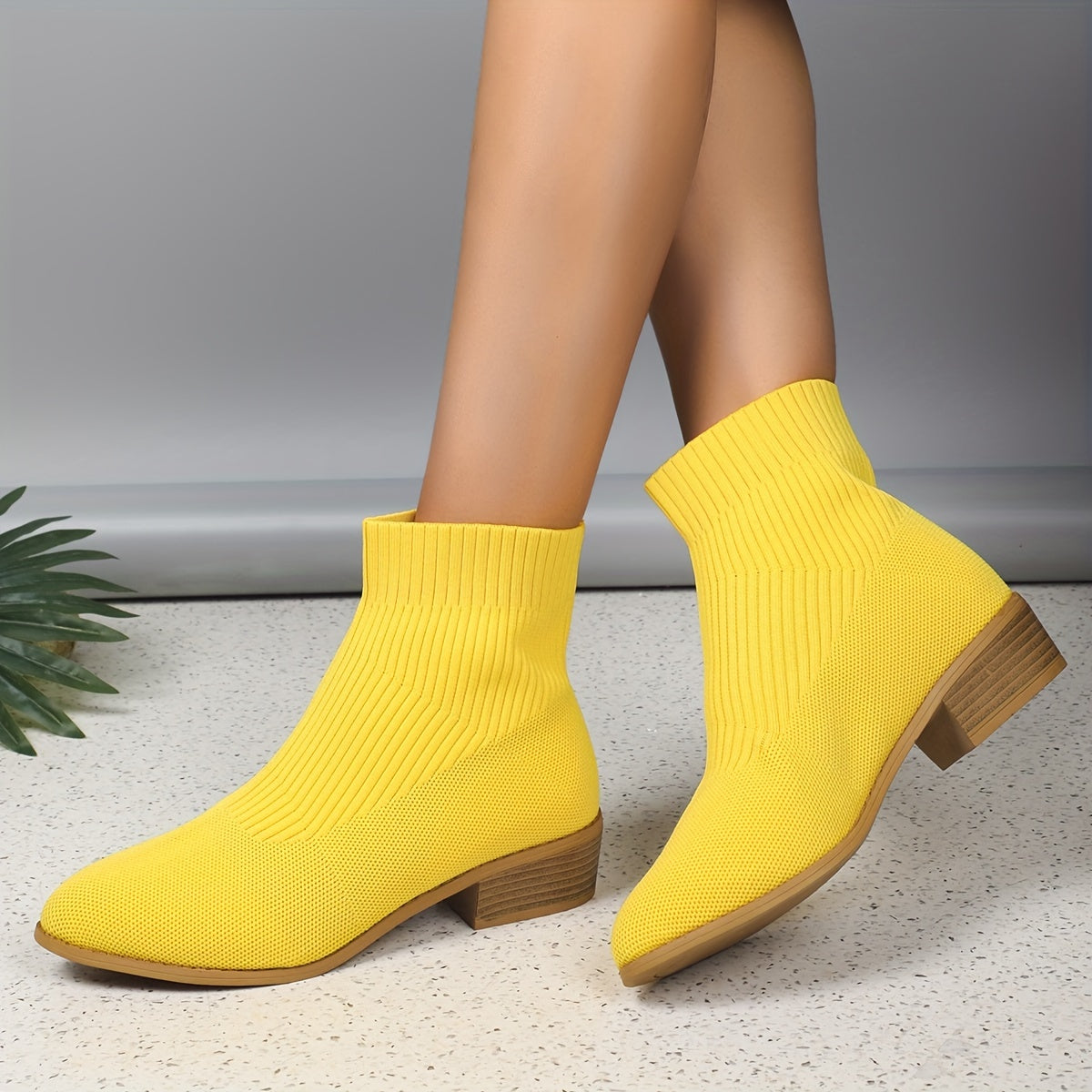 Women's Knit Boots Breathable Round Toe Chunky Heels Fall Sneakers