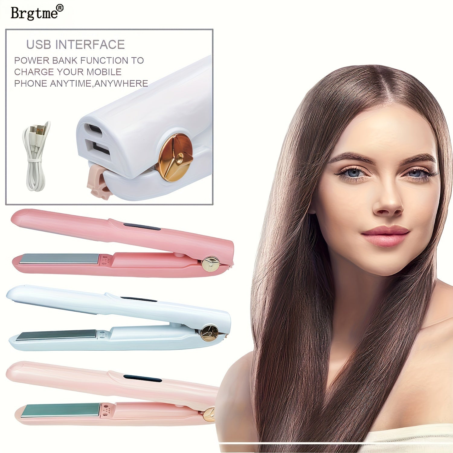 Plancha de pelo 2 en 1 USB con rizador, control de temperatura y protección contra quemaduras