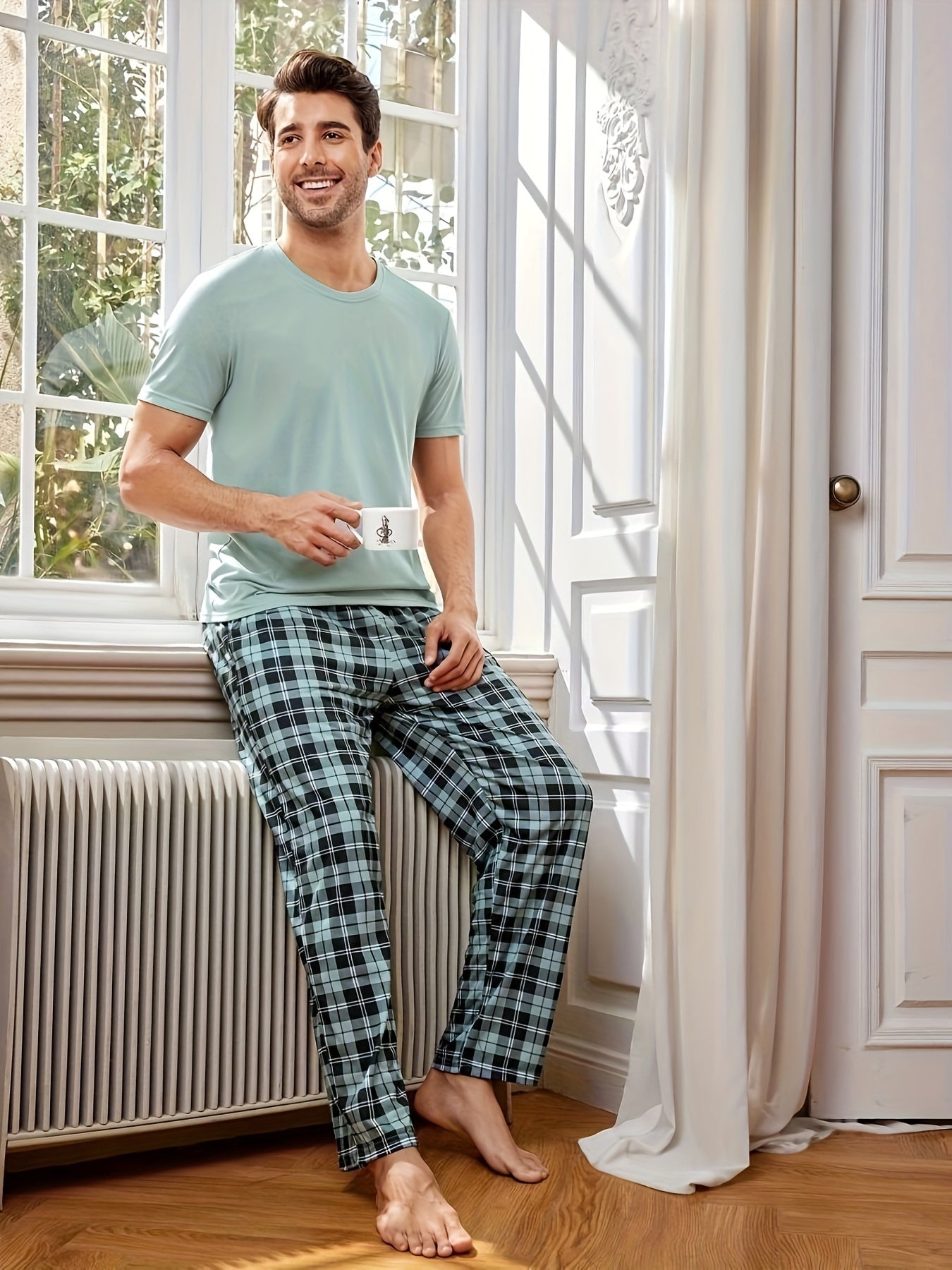 Men's Casual Plaid Pajama Set Polyester Crew Neck Short Sleeve Top and Long Pants