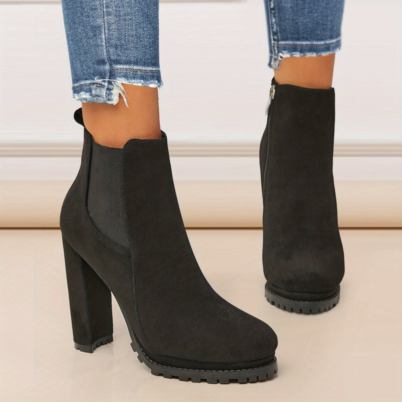 Women's Leather Pointed Toe Short Boots Side Zipper Chunky Heel