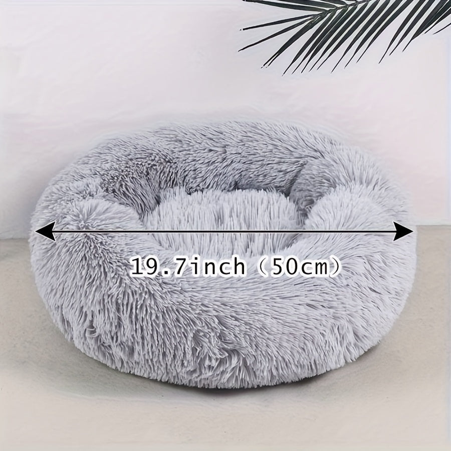 Round Plush Cat Bed for Small Dogs Non-Slip Bottom Warm Fill Striped Design