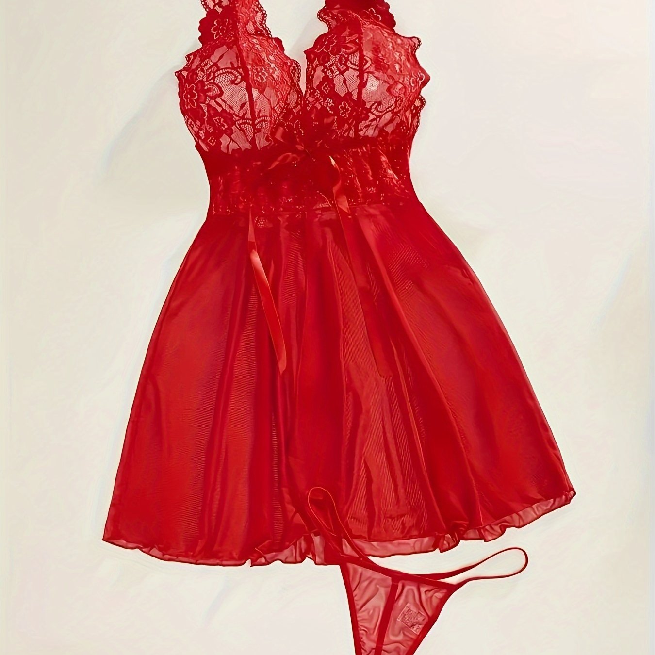 Sheer Lace Lingerie Set with Halter Neck and Bow Detail Includes Slip Dress and Thong