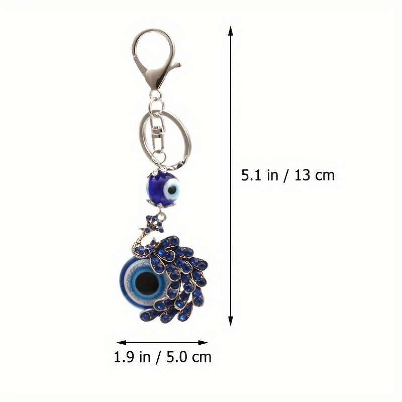 Blue Evil Eye Keychain with Rhinestone Peacock Design Alloy Bag Charm for Women