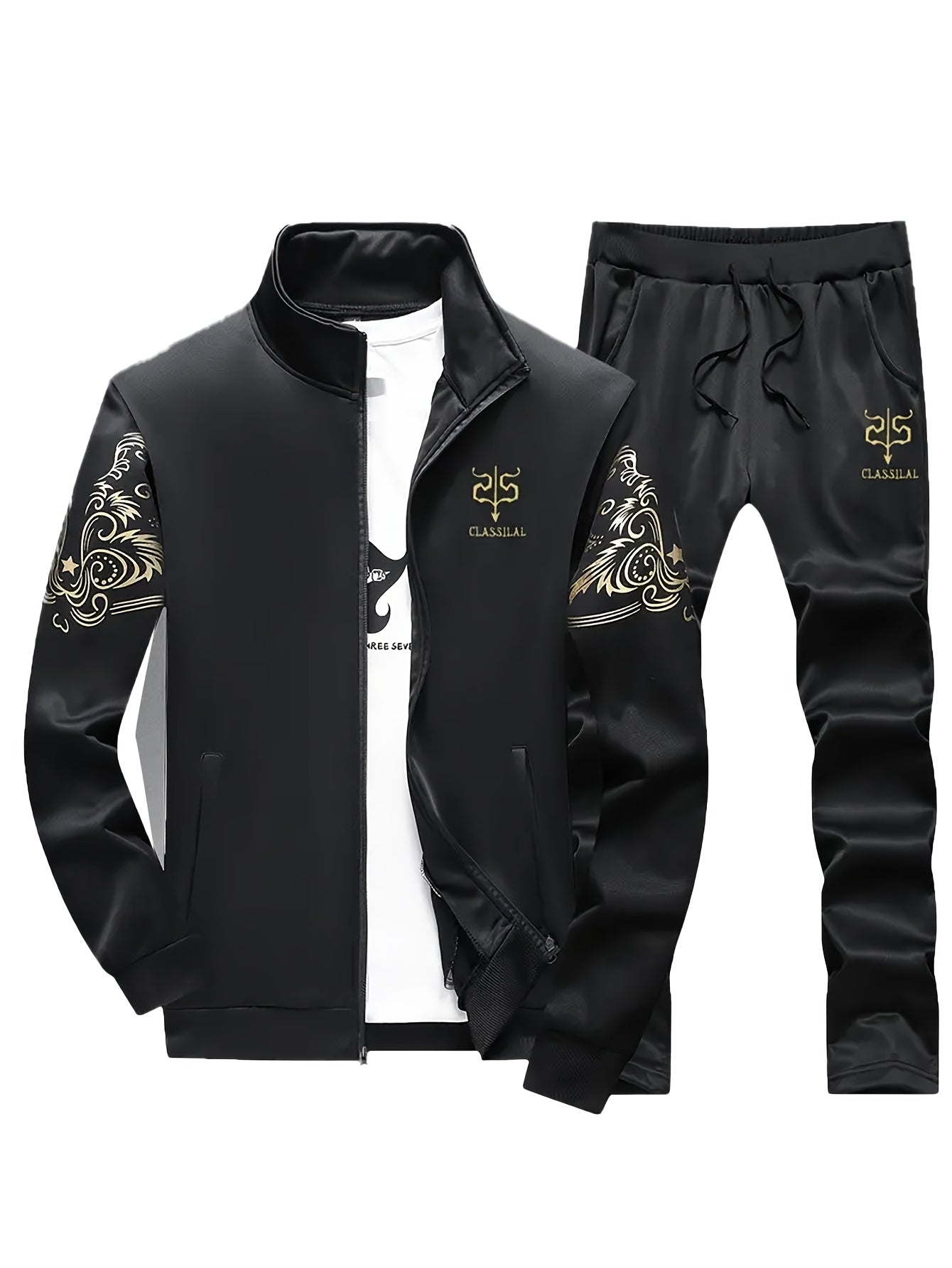 Men's Casual Sportswear Set Knit Polyester Stand Collar Zip-Up Jacket & Drawstring Pants