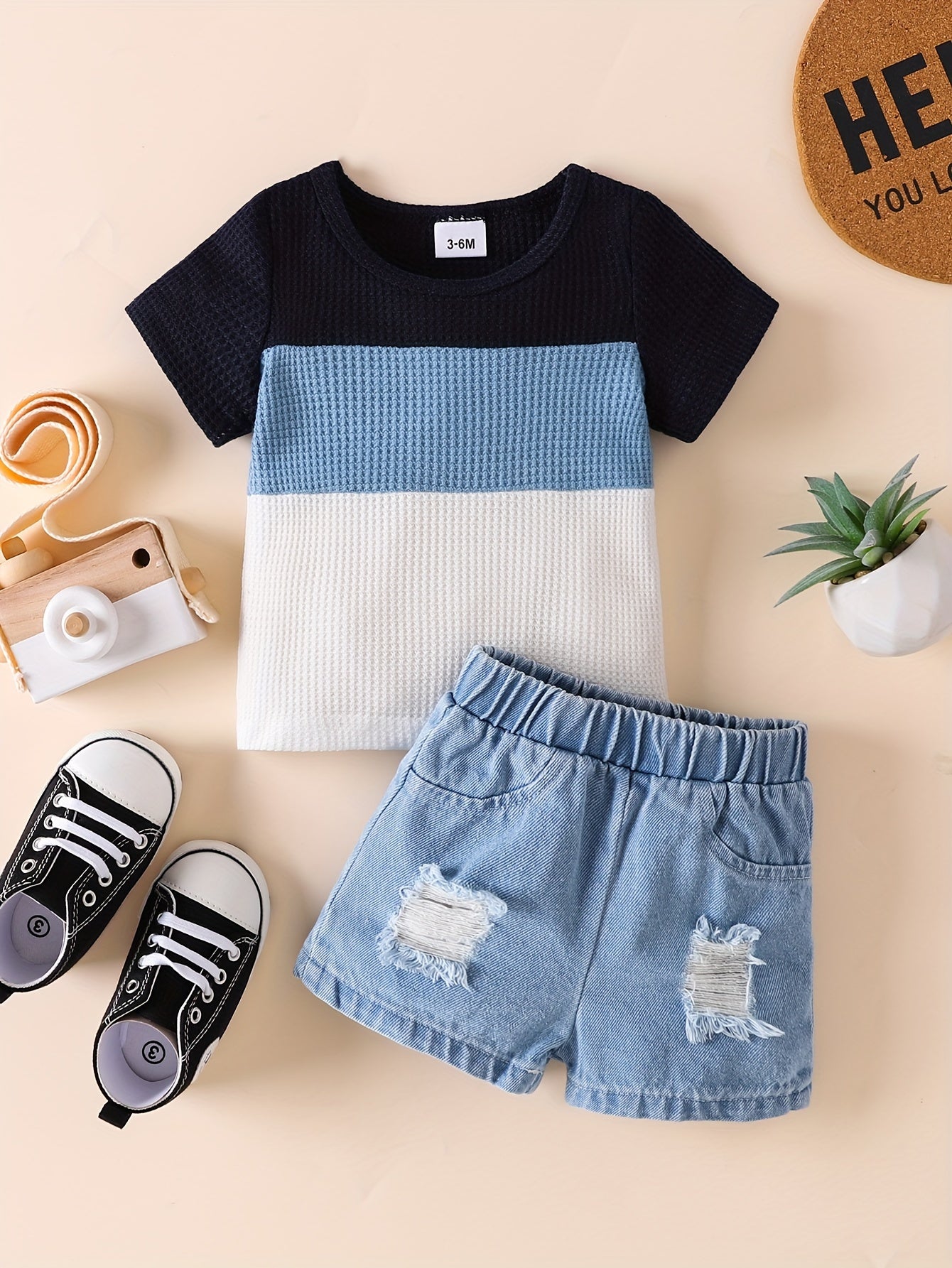 Kichkina qizlar uchun yozgi kundalik kiyimlar uchun Baby Waffle Top va Denim Shorts to'plami