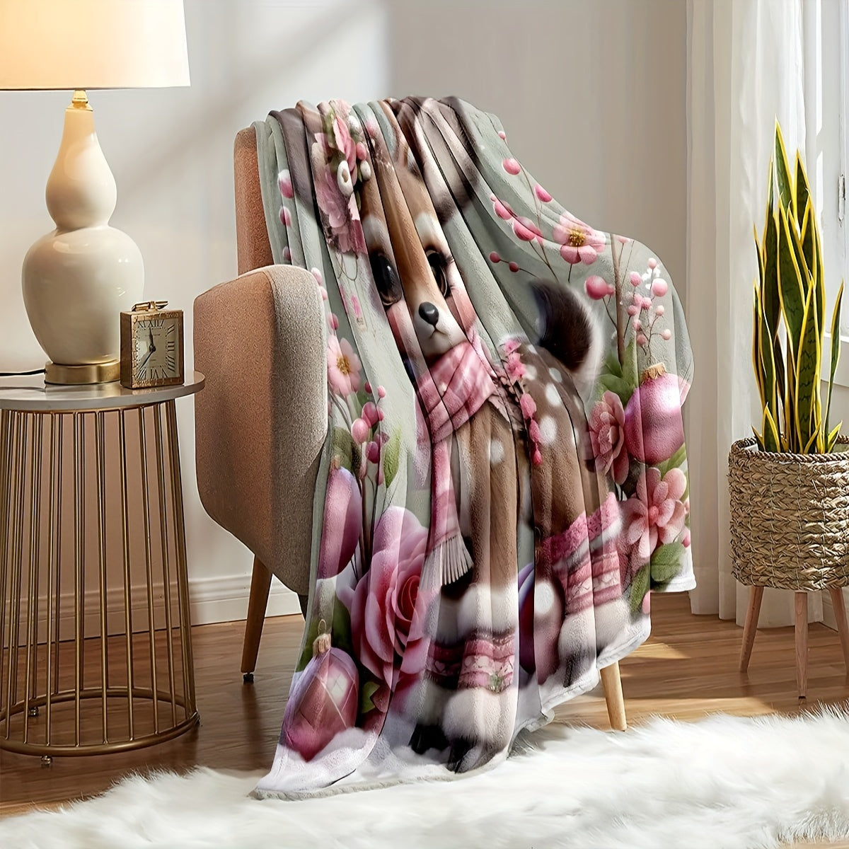 Deer Print Flannel Throw Blanket for Bed Couch Travel All-Season Cozy