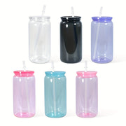 Set of 6 16oz Clear Plastic Cups with Lids and Straws in Vibrant Colors BPA-Free Reusable Drinkware