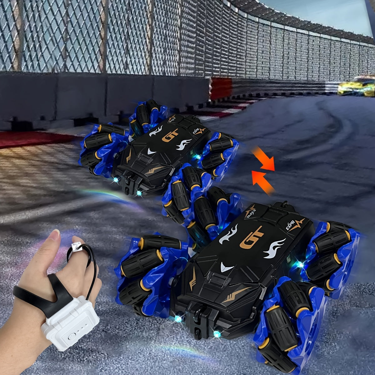 Coche de acrobacias RC con temática de fantasía con control por gestos, luces LED y música para niños de 8 años en adelante