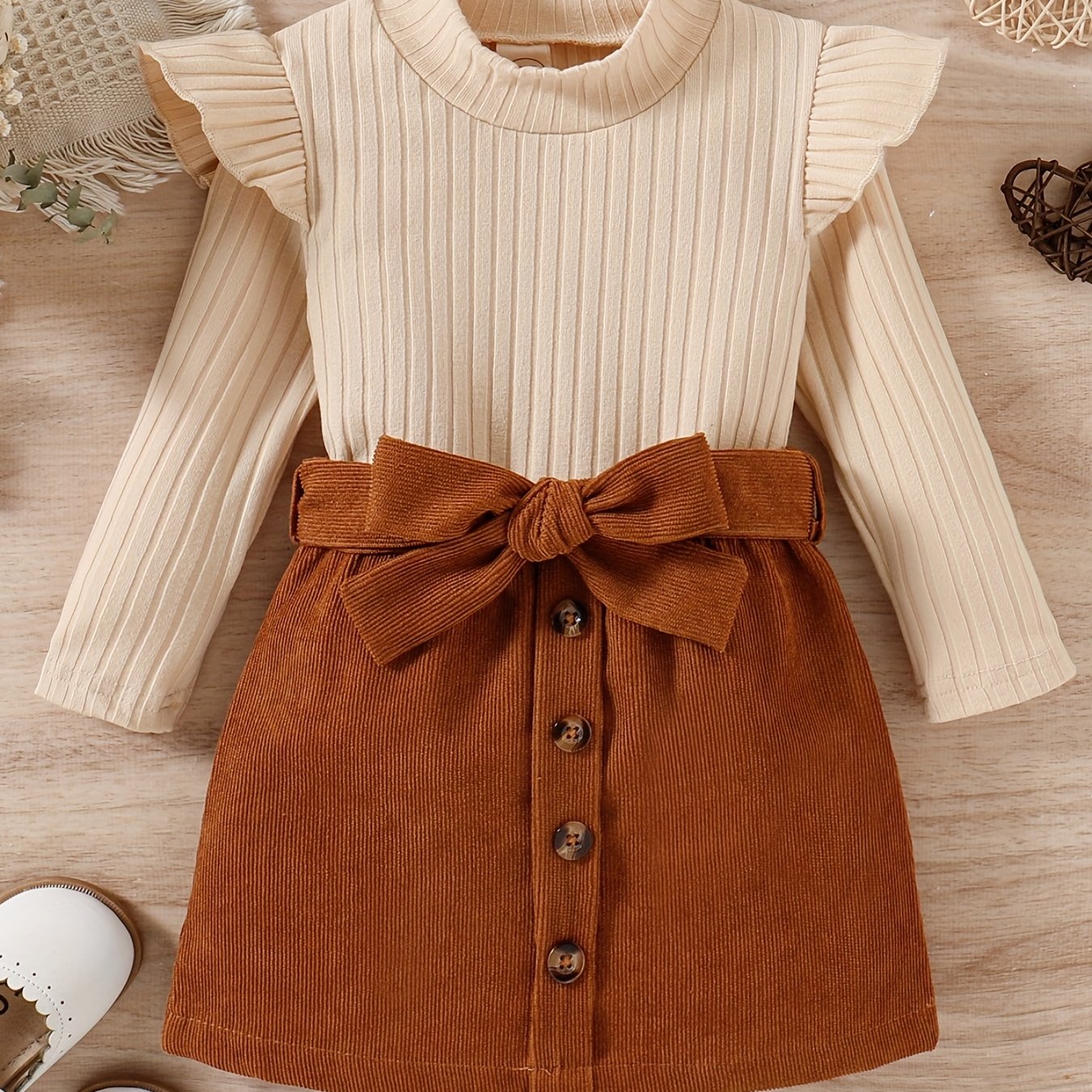 Baby Girls' Preppy Style Top and Corduroy Skirt Set for Fall Winter Outdoor Wear