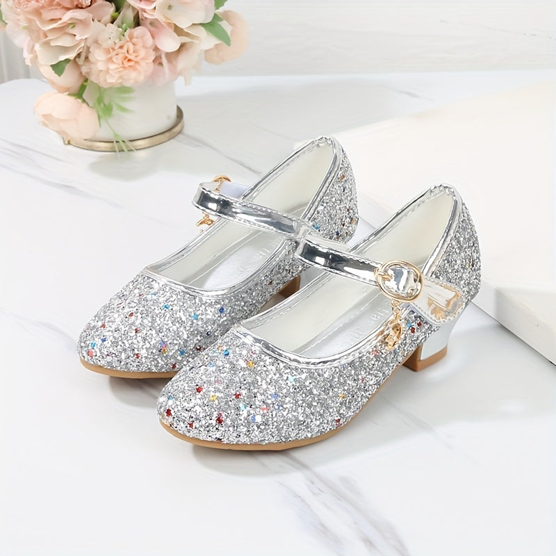 Girls' Crystal High-Heeled Shoes with Glitter and Sequins for Weddings and Parties