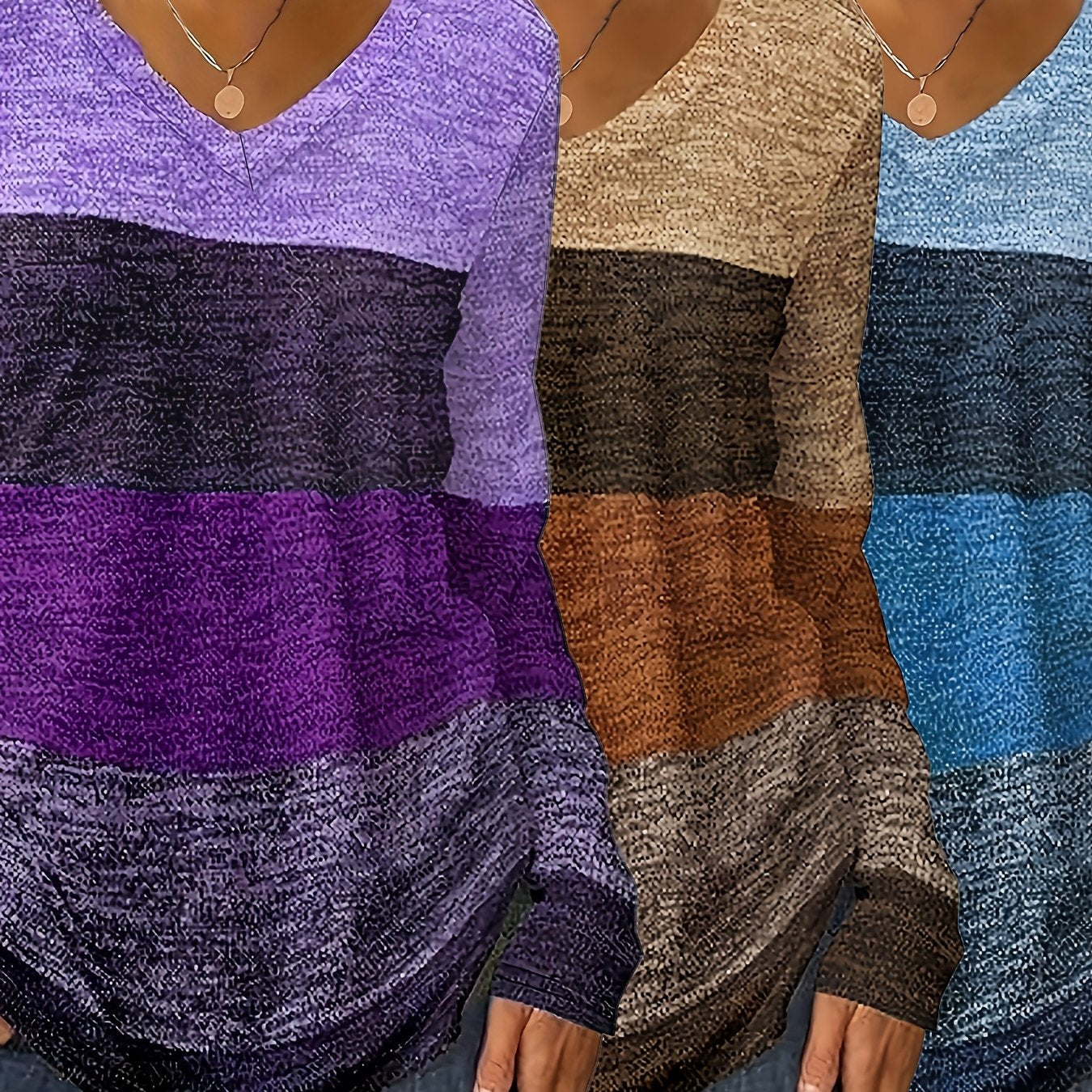 Women's Plus Size Color Block V-Neck Polyester Knit T-Shirts Long Sleeve Pullover